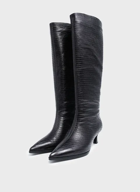 Сапоги высокие из кожи с тиснением в черном цвете Twofeet фото 4